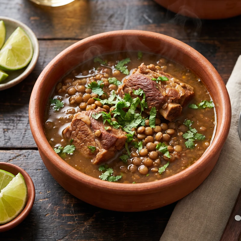 Sopa de carne con jarrete y lentejas, foto ilustrativa